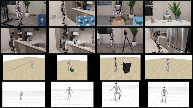 DreamControl-v2: a 4 by 4 animated collage of real humanoid demonstrations and generated motions, including squatting, opening drawers, picking, pouring, punching, and wiping.