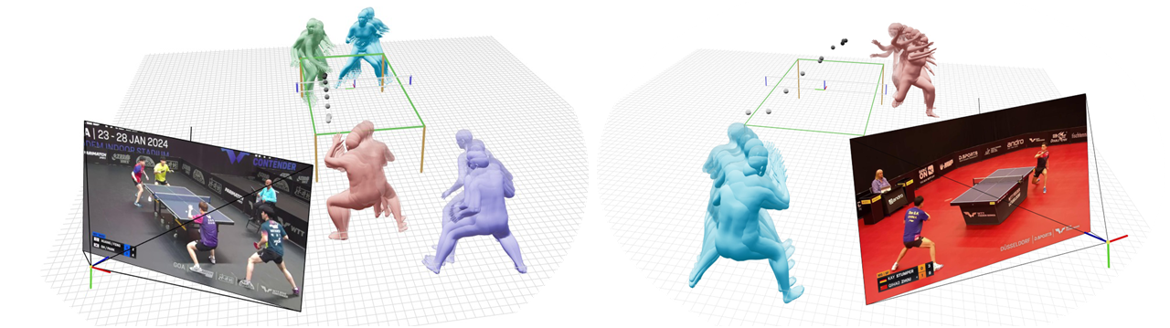 TT4D Figure 1: singles and doubles table-tennis videos reconstructed in 3D with player meshes and ball trajectories.